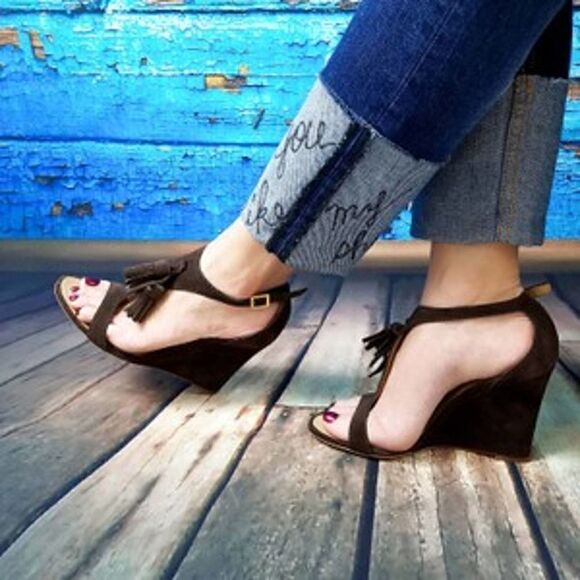 New DSQUARED2 Women US 10 Brown Suede High Heels Tassel T-Strap Wedge Sandals - Picture 1 of 17
